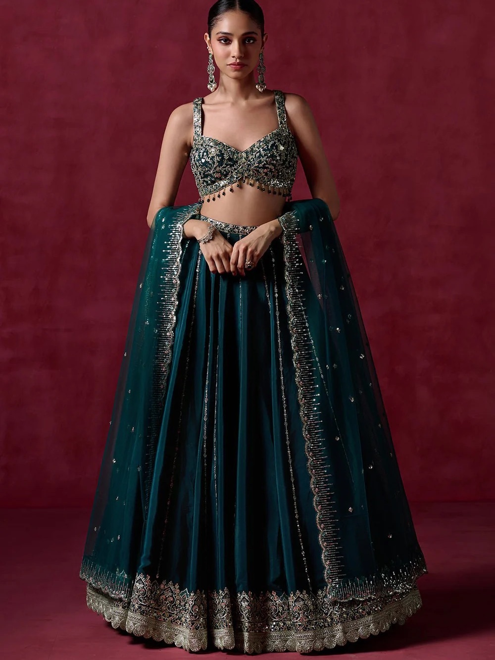 Teal Green Embroidered Lehenga